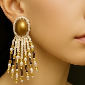 Women's Stunning Gold Color, Fringe Colorful Beaded Drop Dangle Earrings, 3-inch